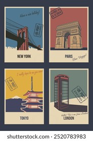 Most Famous Landmarks and Attractions. Brooklyn Bridge in New York, Triumphal Arch in Paris, Pagoda and Mount Fuji in Tokyo, Red Telephone Booth in London