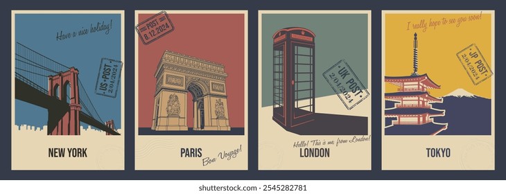 Most Famous Landmarks and Attractions. Brooklyn Bridge in New York, Triumphal Arch in Paris, Pagoda and Mount Fuji in Tokyo, Red Telephone Booth in London