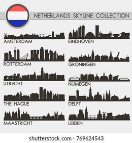 Most Famous Netherlands Cities. Travel Skyline City Silhouette. Design Collection Set.