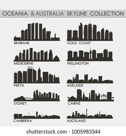 Most Famous Oceania Travel Skyline City Silhouette Design Collection Set