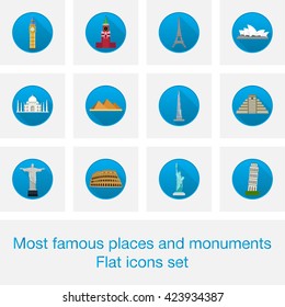 Most famous places vector icons set, modern solid symbol collection, flat pictogram pack isolated on white, logo illustration with long shadows