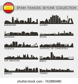 Most Famous Spain Travel Skyline City Silhouette Design Collection