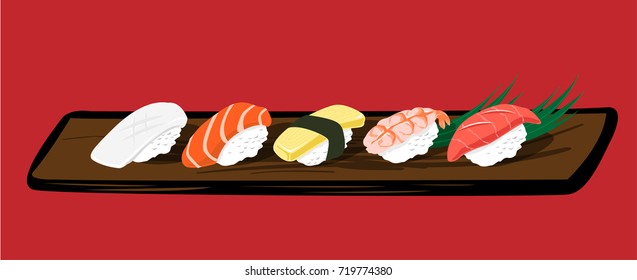 The most famous sushi on long wood plate.Vector illustration