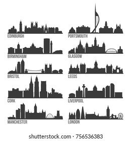 Most Famous United Kingdom Cities Skyline City Silhouette Design Collection