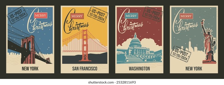 Most Famous United States Landmarks Retro Christmas Greeting Cards Stylization. New York, San Francisco, Washington. Statue of Liberty, Golden Gate, Capitol, Brooklyn Bridge Vintage Postcards