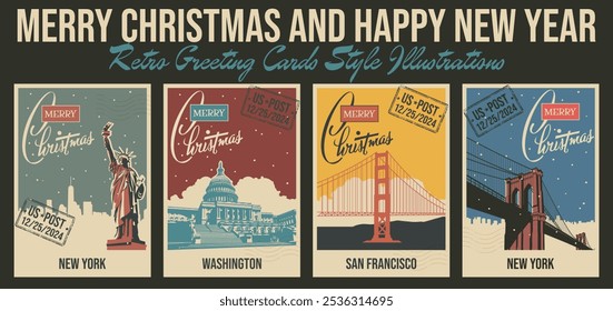 Most Famous United States Landmarks Retro Christmas Greeting Cards. New York, San Francisco, Washington. Statue of Liberty, Golden Gate, Capitol, Brooklyn Bridge Vintage Postcards Stylization  