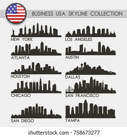 Most Famous USA Business and Financial Travel Skyline City Silhouette Design Collection