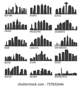 Most Famous USA Cities Skyline City Silhouette Design Collection Set