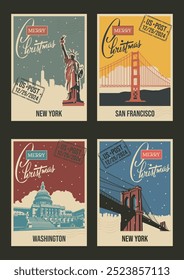 Most Famous USA Landmarks Retro Christmas Greeting Cards style Illustrations. New York, San Francisco, Washington. Statue of Liberty, Golden Gate, Capitol, Brooklyn Bridge Postcards Stylization  