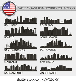 Most Famous West Coast USA Travel Skyline City Silhouette Design Collection Set