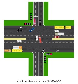 Most of the highway intersection with the road. With the cars and traffic lights. Green signal for the non-principal roads.Road maps and public transport. Top view of the highway. Vector illustration