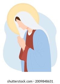 Most Holy Theotokos, Queen of Heaven. Virgin Mary, Mother of God prays meekly. Vector illustration for Christian and Catholic communities, design, decor of religious holidays