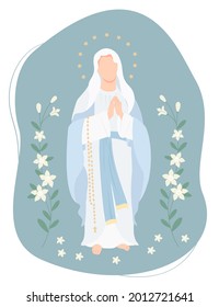 Most Holy Theotokos, Queen of Heaven. Virgin Mary prays with a rosary on a background with white lilies. Vector illustration for Christian and Catholic communities, design, decor of religious holidays