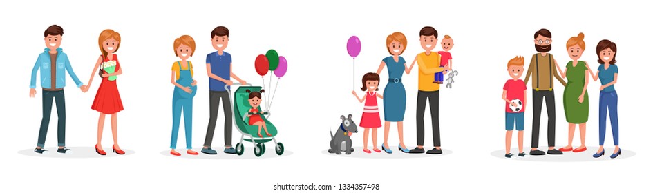 Most important moments in life vector illustration. Wedding, birth and parenting flat style design. Happy together concept. Isolated on white background