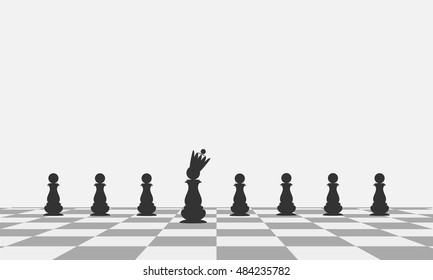 The most important of the pawns. Black pawn with a crown on a chessboard. Vector illustration