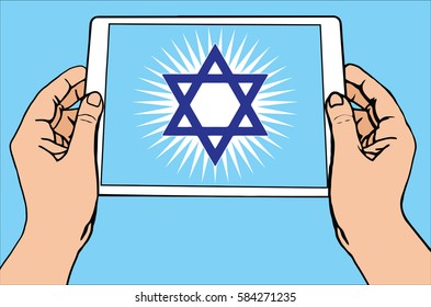 The most important symbol in the religion of Judaism -  the Sun Star Of David, tablet, blue background, vector