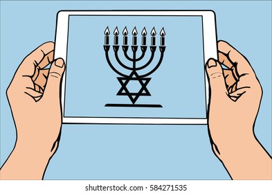 The most important symbol in the religion of Judaism - the menorah, tablet,  blue sun rays, vector