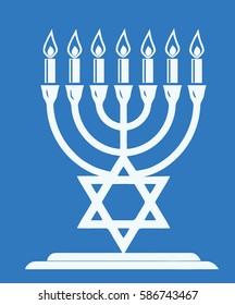 The most important symbol in the religion of Judaism - the Menorah, blue background, vector