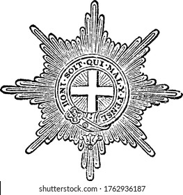 The Most Noble Order of the Garter is an order of chivalry, or knighthood, originating in medieval England, and presently bestowed on recipients in any of the Commonwealth realms, vintage line drawing