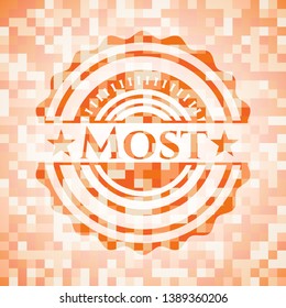 Most orange tile background illustration. Square geometric mosaic seamless pattern with emblem inside.