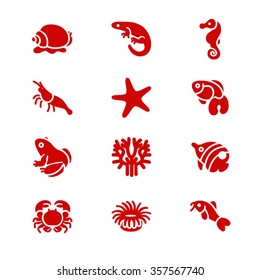 The most popular aquarium inhabitants as glyph icons / There are typical aquarium inhabitants like snail, fishes, crabs and corals
