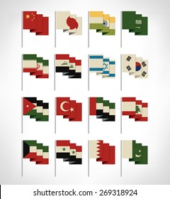 Most popular Asia flags set. Flat design.Cartoon style. Vintage colors.