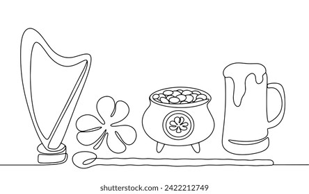 The most popular attributes of St. Patrick's Day: harp, cane, shamrock, leprechaun pot and beer. Vector illustration. Images produced without the use of any form of AI software at any stage. 