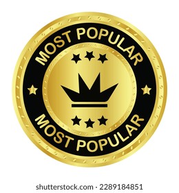 most popular badge golden color, ribbons, label, icon, stamp, seal, sticker, typography, lettering, most popular emblem icon design vector illustration