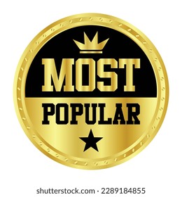 most popular badge golden color, ribbons, label, icon, stamp, seal, sticker, typography, lettering, most popular emblem icon design vector illustration