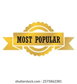 most popular badge golden color, ribbons, label, icon, stamp, seal, sticker, typography, lettering, most popular emblem icon design vector illustration