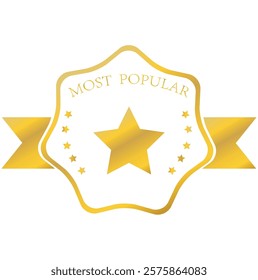 most popular badge golden color, ribbons, label, icon, stamp, seal, sticker, typography, lettering, most popular emblem icon design vector illustration