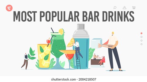 Most Popular Bar Drinks Landing Page Template. Tiny Bartender Characters Cook Beverages in Summer Time. Huge Glass Cups with Straw, Fruits, Ice Cubes in Juice Water. Cartoon Vector Illustration