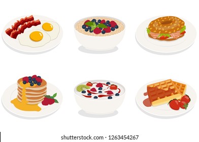 Most popular breakfast isolated on white background. Eggs with bacon, oatmeal with berries, bagel sandwich with salmon, salad and tomatoes, pancakes, belgian waffles, yogurt with berries. Vector