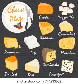 The most popular cheeses color flat icons set