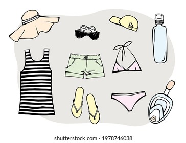 Most popular clothing on vacation. Summer beach set. Striped sleeveless tank top, sun hat, sunglasses, slippers, swimsuit and summer shorts. Hand drawn sketch. Colourful Vector illustration on white.