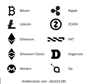 Most Popular Cryptocurrency Black and White Logo Set - bitcoin, litecoin ethereum and other