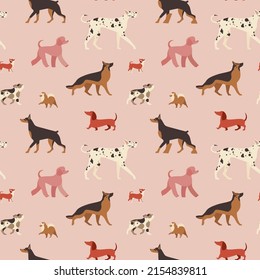 Most popular dog breeds seamless pattern. Ornament with Poodle, German shepherd, bulldog, doberman, dachshund and Great Dane cute pets on repeating background for prints, textiles and fabric designs.