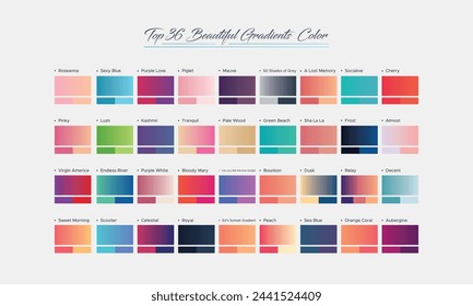 Most popular Five gradient  top 36 Beautiful Gradients Color set. Chrome, texture, surface, and background template for screen, mobile, digital, and web. Metallic and chromium shade combination