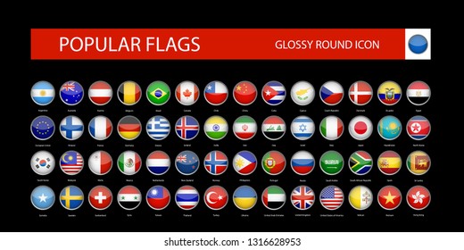 Most popular flags glossy round icon isolated on black background. Vector collection.