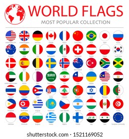 Most popular flags in the world. Round flags on white background