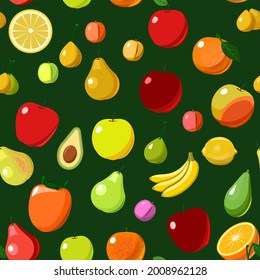 The most popular fruits are dirrerent fruit trees. Seamless background image. Cartoon flat style. Apples, pears, plums, bananas, oranges, lemons, persimmons, avocados. Vector	