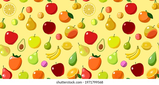 The most popular fruits are fruit trees. Yellow background image. Cartoon flat style. Apples, pears, plums, bananas, oranges, lemons, persimmons, avocados. Vector