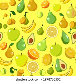 The most popular fruits are fruit trees. Seamless background image. Cartoon flat style. Apples, pears, plums, bananas, oranges, lemons, persimmons, avocados. Vector