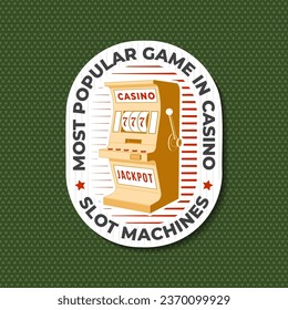 Das beliebteste Spiel im Casino, Spielautomaten. Logo, Druck, Aufkleber, Badge Design mit Casino-Spielautomaten Silhouette. Vektorgrafik. Spielautomat für die Glücksspielindustrie, Sportlotterie