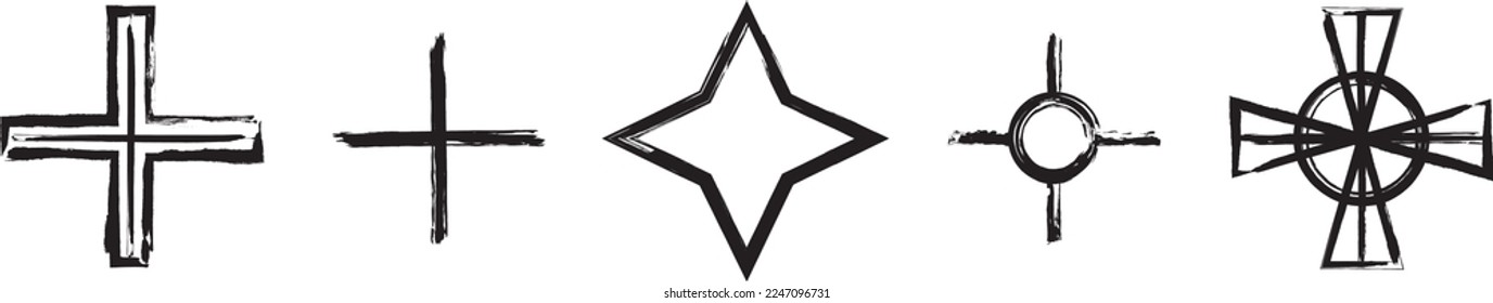 Most popular Native American Symbols. Symbols of Star, and Crosses. Set of the ancient symbols. Black ink handwriting. Vector