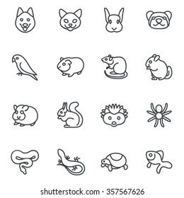 The most popular pets as line icons / There are typical pets like dog, cat, ferret and bird
