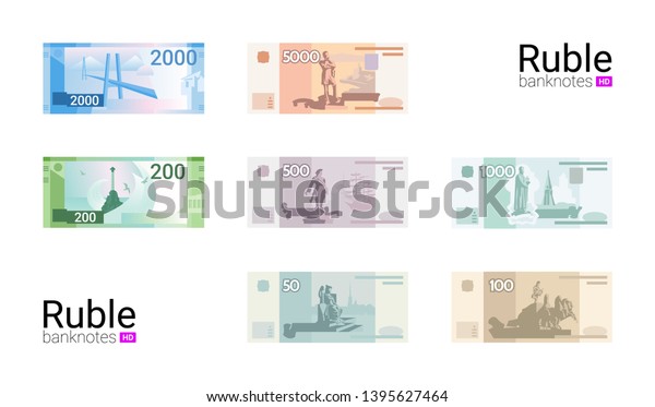 The most popular\
Russian banknotes in vector graphic.  Russian money. Flat design.\
Ruble banknotes of Russia.