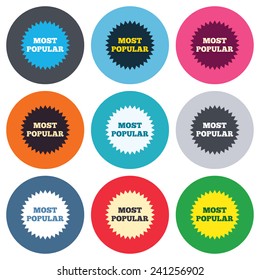 Most popular sign icon. Bestseller symbol. Colored round buttons. Flat design circle icons set. Vector