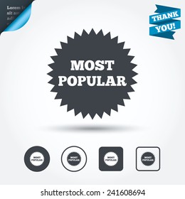 Most popular sign icon. Bestseller symbol. Circle and square buttons. Flat design set. Thank you ribbon. Vector