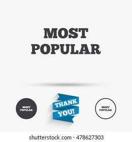 Most popular sign icon. Bestseller symbol. Flat icons. Buttons with icons. Thank you ribbon. Vector